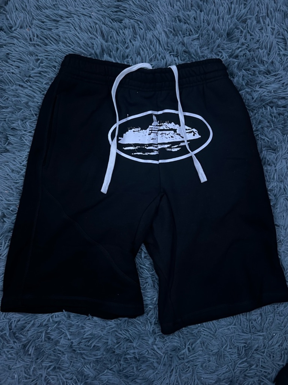 Black Graphic Drawstring Shorts with White Logo